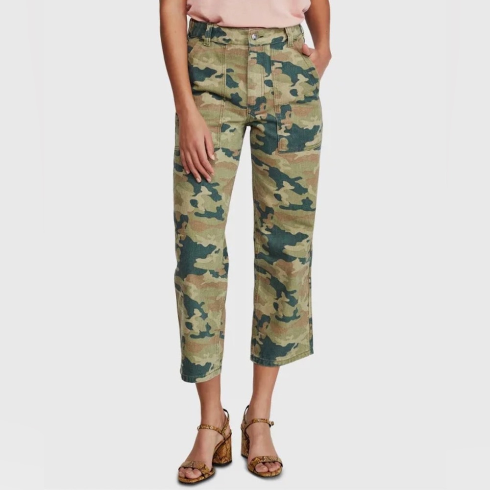 Free People Green Camo Cropped Utility Jeans Capri Straight Leg NWT Size 24